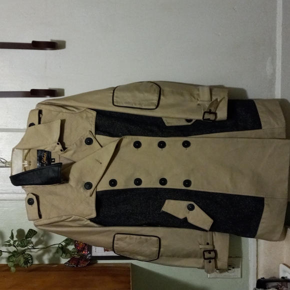 Sam Edelman, Dbl-breasted Khaki/Tweed, Faux Leather Designer Trench, S/M - Picture 2 of 6